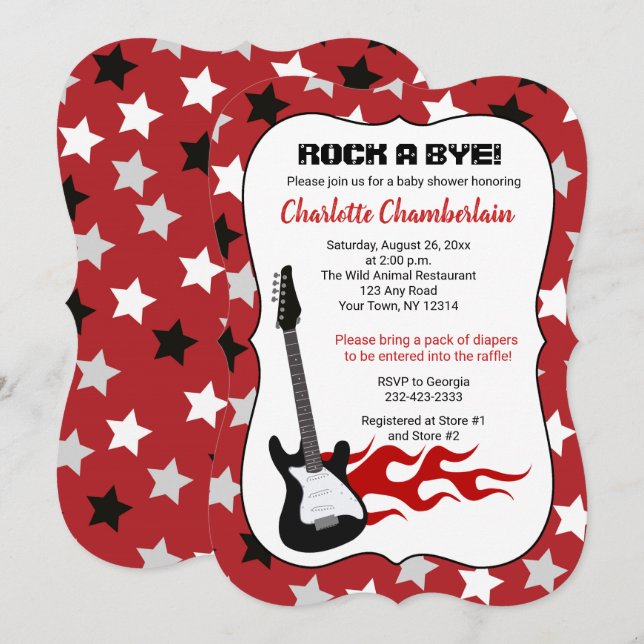 Invitación Rock a Bye Red Rock Star Guitar Baby Shower (Anverso / Reverso)