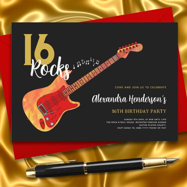 Invitación Rock and Roll 16ª fiesta de cumpleaños 16 rocas (16 rock electric guitar 16th birthday black and gold invitation)