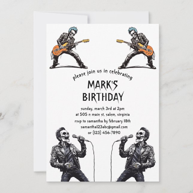 Invitación Rock and Roll Skeletons Birthday Party (Anverso)