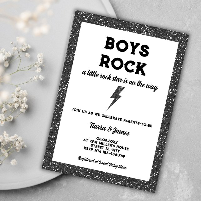 Invitación Rock Black Rock Y Roll Boy Baby Shower (boys rock little rock star rock and roll boy baby shower invitation)