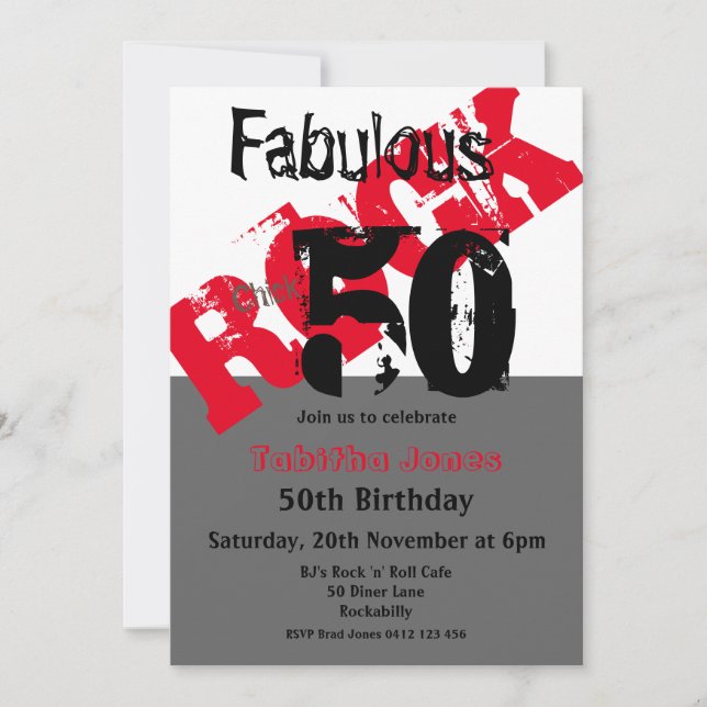 Invitación Rock Chick 50 y fabuloso rojo negro 50 cumpleaños (Anverso)
