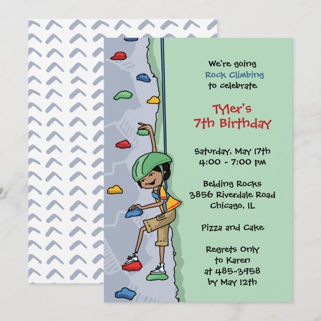 Invitación Rock Climbing Boy Black Hair Birday Party Wall (Anverso / Reverso)