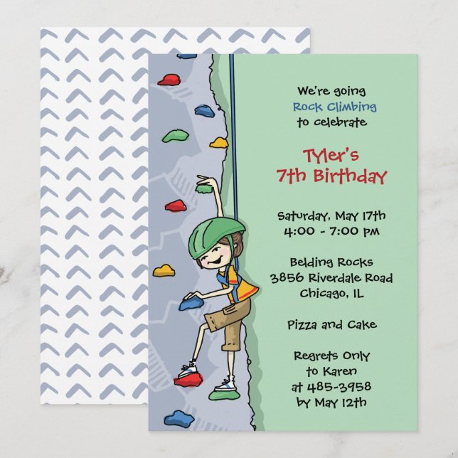 Invitación Rock Climbing Boy Brown Hair Birthday Party Wall (Anverso / Reverso)