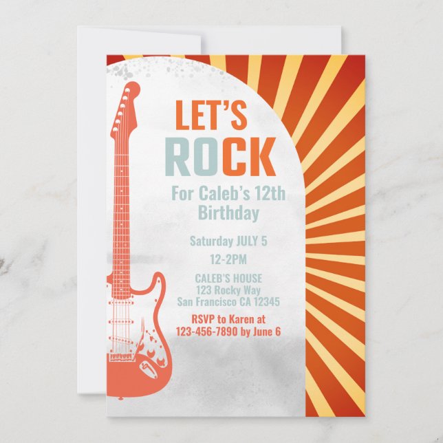 Invitación Rock de guitarra roja y cumpleaños Roll Rockstar (Anverso)