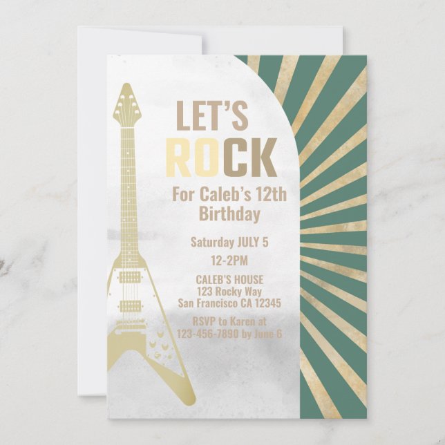 Invitación Rock de guitarra verde y cumpleaños Roll Rockstar (Anverso)