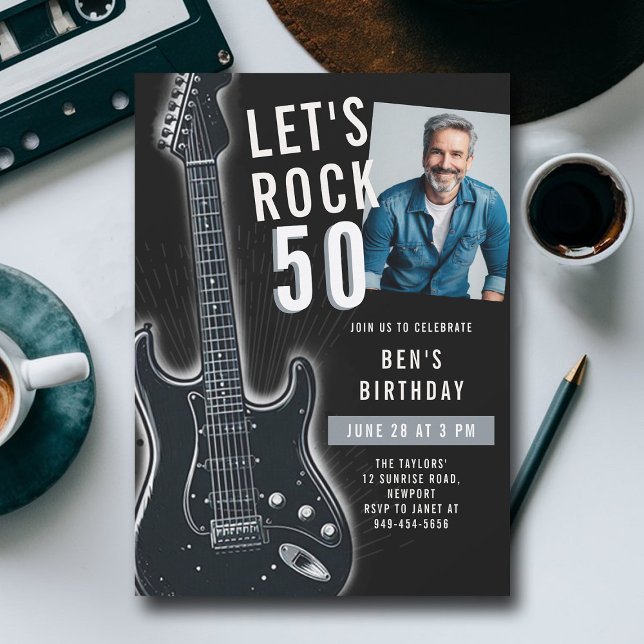 Invitación Rock Electric Guitar Men 50 Birthday Photo (music fest rock 50th birthday party photo invitation men modern classy fun black white guitar)