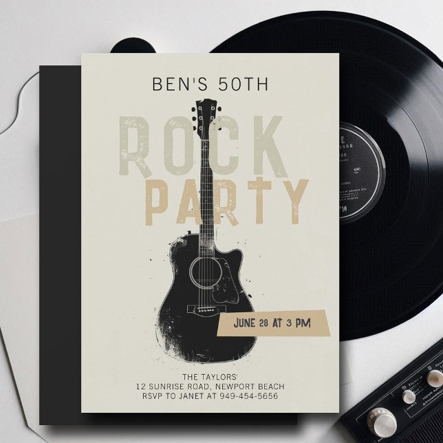 Invitación Rock Fiesta Black Guitar Adulto Moderno Fun Cumple (music fest rock adult birthday party invitation men modern fun black electric guitar musician)