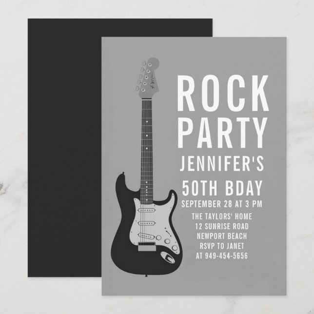 Invitación Rock Fiesta Guitar BW Adulto moderno Fun Cumpleaño (Anverso / Reverso)