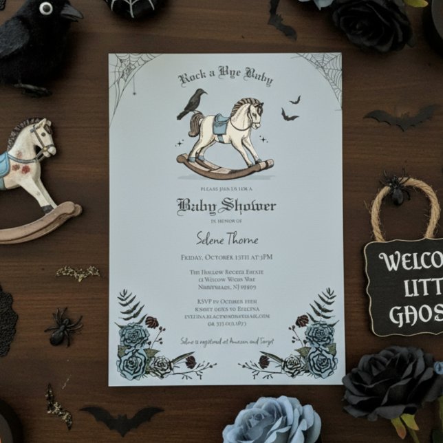 Invitación Rock gótico del caballo azul Rocking Rock a Bye Ba (Cute Gothic Halloween Baby Shower Invitation. Rocking Horse & Roses Vintage Rock a Bye Baby Shower)