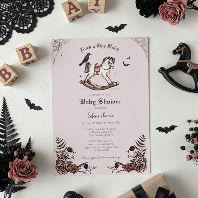 Invitación Rock gótico rosado de caballo a Bye Baby Shower (Gothic Baby Shower Invitations. Elegant Pink Floral Spooky Rocking Horse Illustration for Halloween )
