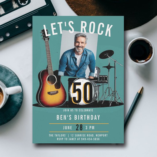 Invitación Rock Guitar Drums Hombres 50 años foto (music fest rock ticket 50th birthday party photo invitation men modern classy fun blue teal orange)
