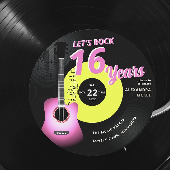 Invitación Rock Hot Pink Yellow Guitar Sweet 16 (sweet 16 rock music vintage record neon pink yellow girls invitation guitar musician partition notes)