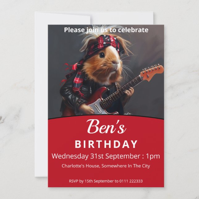 Invitación Rock n Roll Guinea Pig Birthday Party (Anverso)