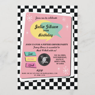 Invitación Rock N Roll Invito Retro Rosa de los años 50
