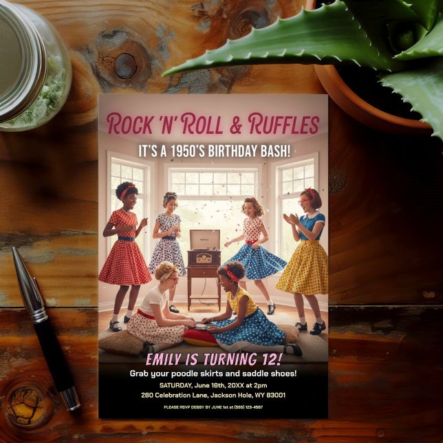 Invitación Rock 'n' Roll Ruffles 1950s Birthday Party (Subido por el creador)