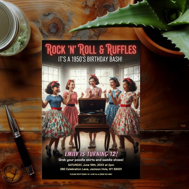 Invitación Rock 'n' Roll Ruffles 1950s Birthday Party (Subido por el creador)