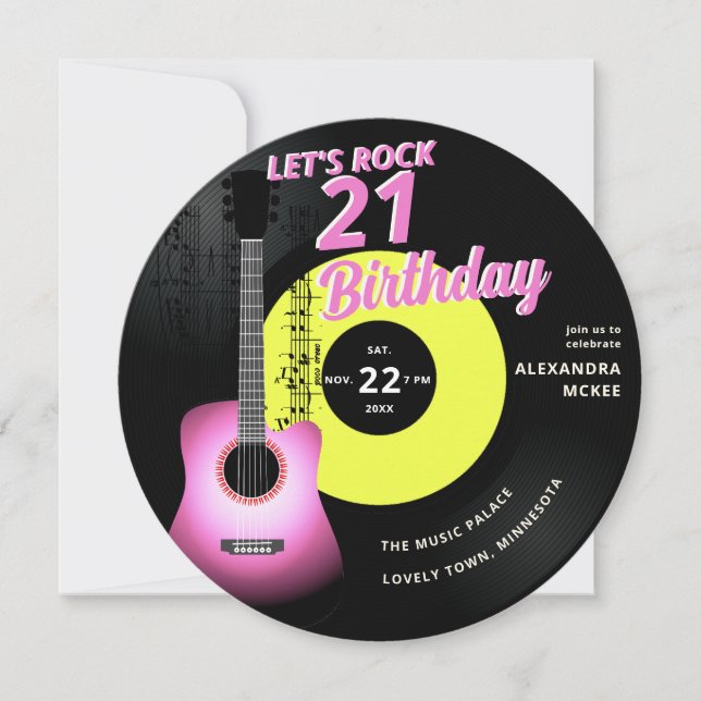 Invitación Rock Pink Guitar Music Elegant 21º cumpleaños (Anverso)