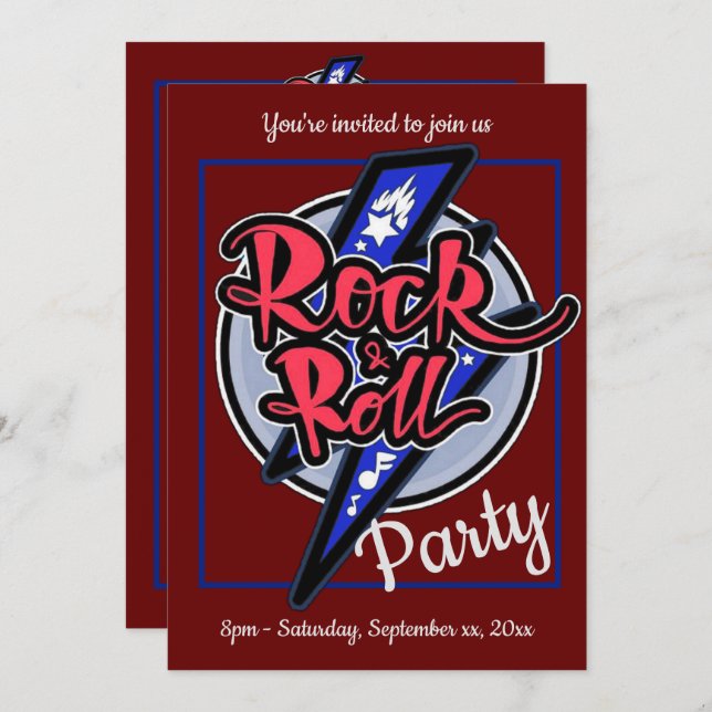 Invitación Rock & Roll Lightning Fiesta rojo (Anverso / Reverso)