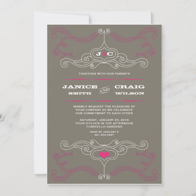Invitación Rock rosa y gris 'n' Roll Music Boda (Anverso)