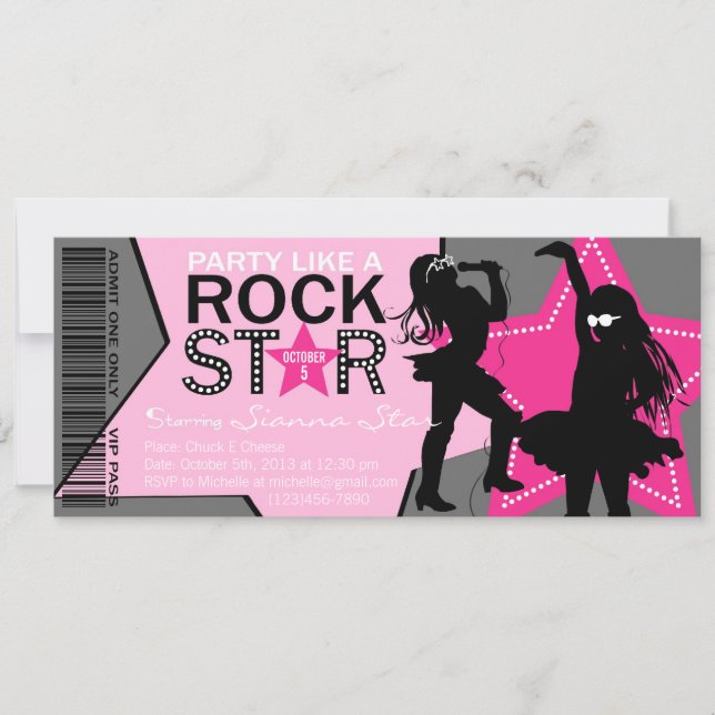 Invitación Rock Star Band Birday Pink Grey (Anverso)