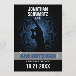 Invitación Rock Star Bar Mitzvah en color negro plateado azul