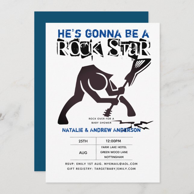 Invitación ROCK STAR BOYS Baby Shower Blue Break Guitar (Anverso / Reverso)