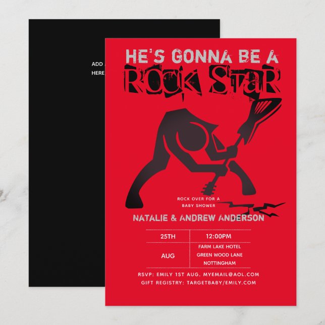 Invitación ROCK STAR BOYS Baby Shower Red Black Modern Guitar (Anverso / Reverso)