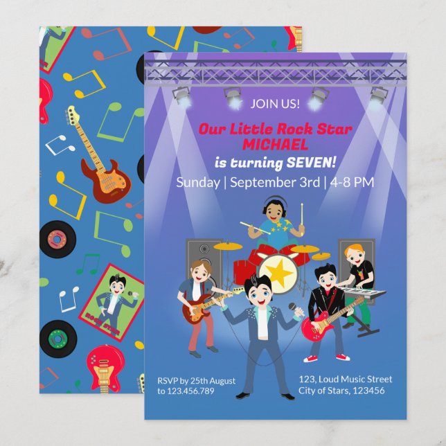 Invitación Rock Star Boys Band Birthday Party (Anverso / Reverso)