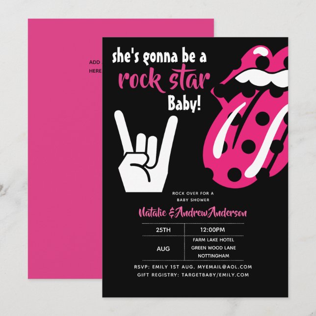 Invitación ROCK STAR Chicas Baby Shower Hot Pink Moderne Musi (Anverso / Reverso)