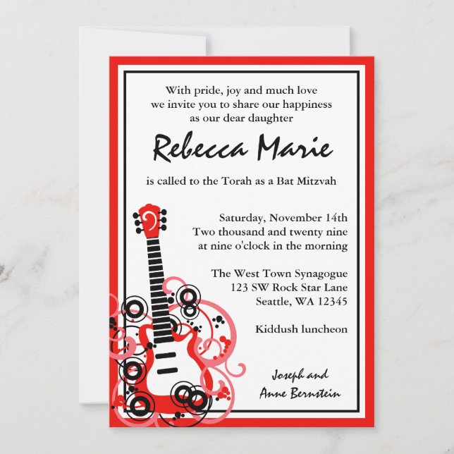 Invitación Rock Star Guitar Bat Mitzvah Rojo y Negro (Anverso)