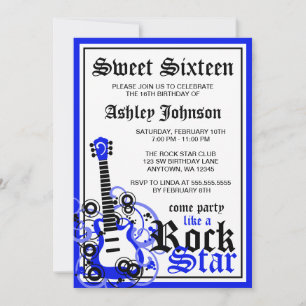 Invitación Rock Star Guitar Sweet 16 Birthday Party Blue