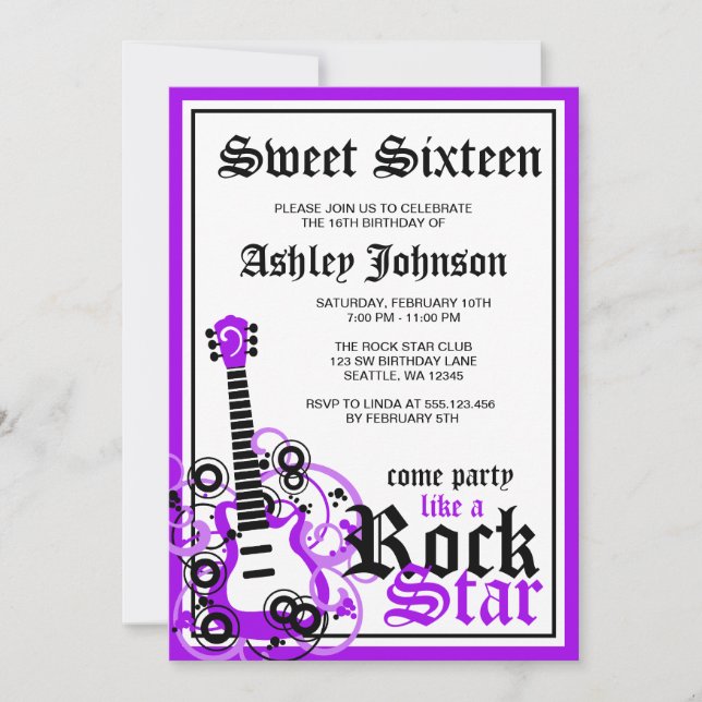 Invitación Rock Star Guitar Sweet 16 Birthday Party Purple (Anverso)
