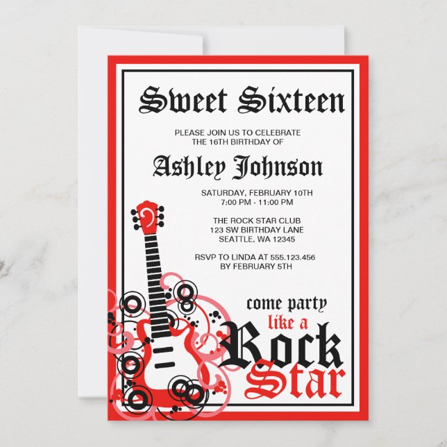 Invitación Rock Star Guitar Sweet 16 Birthday Party Red (Anverso)