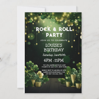 Invitación Rock y Roll St Patrick trébol Fiesta y oro