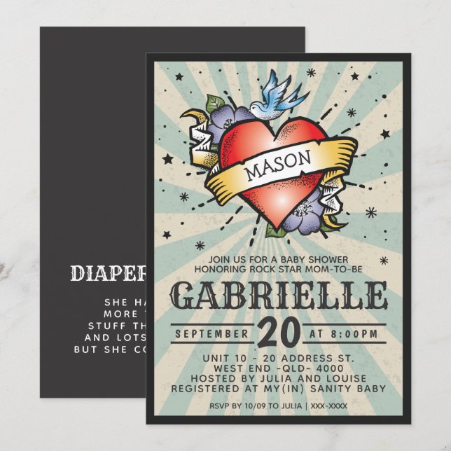 Invitación Rock y Roll Tattoo Baby Shower (Anverso / Reverso)
