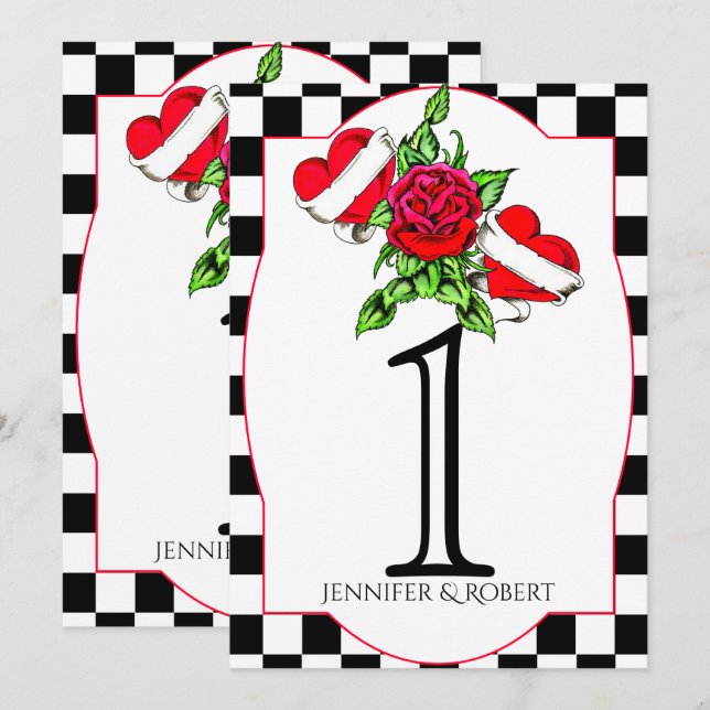 Invitación Rockabilly Hearts Rosa Número de tabla Boda (Anverso / Reverso)