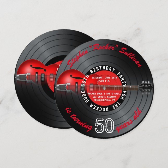 Invitación Rocker Dude Guitar Record Fiesta de cumpleaños 50 (Anverso / Reverso)