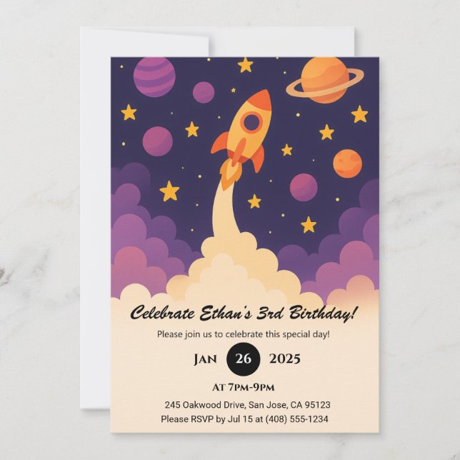 Invitación  Rocket Adventure & Purple Galaxy Birthday  (Anverso)
