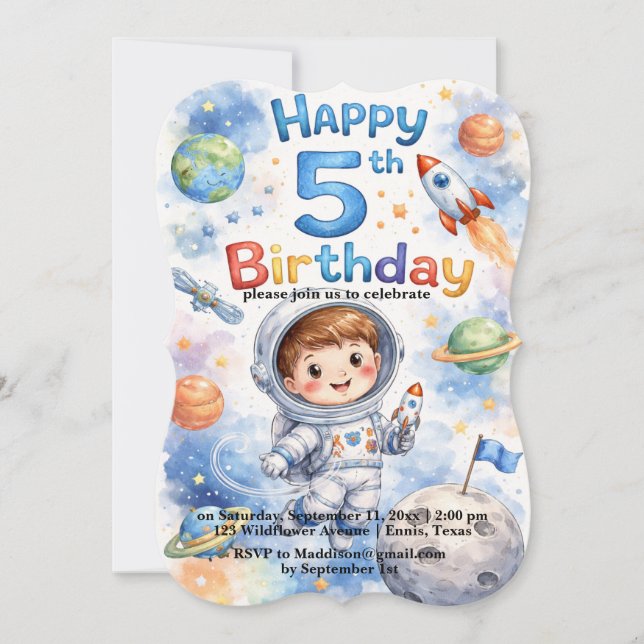 Invitación Rocket ship birthday Space Planets Boy Stars (Anverso)