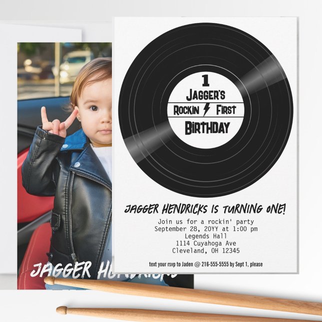 Invitación Rockin First Birday Photo Vinyl Record B&W (Rock n roll first birthday vinyl record photo invitation. )