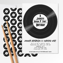 Invitación Rockin First Birday Vinyl Record Blanco y Negro