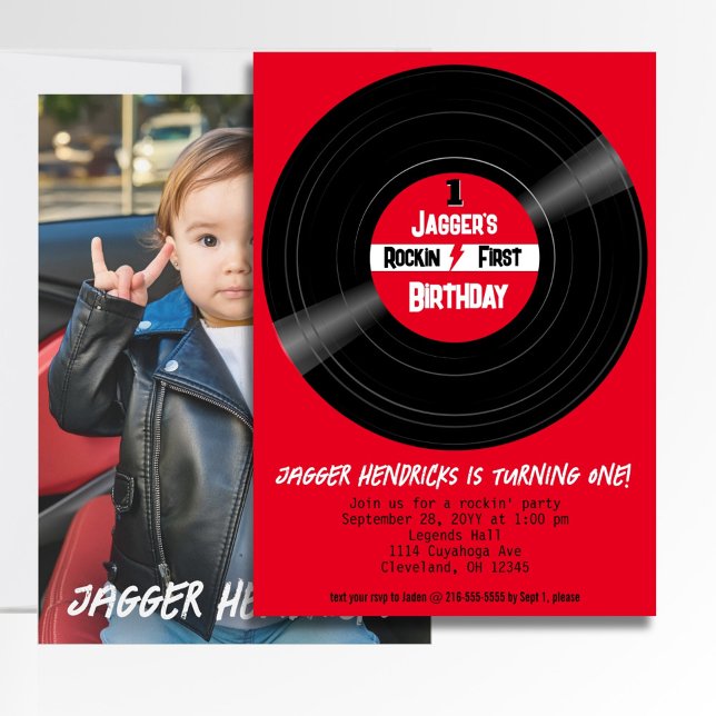Invitación Rockin Primer cumpleaños Photo Vinyl Record Etique (Rock and Roll 1st birthday vinyl record photo invitation)