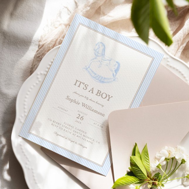 Invitación Rocking Horse Blue Toile De Jouy Baby Shower (Subido por el creador)