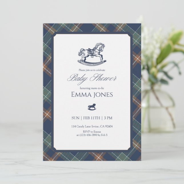 Invitación Rocking Horse Tartan Plaid Classic Baby Shower (Anverso de pie)