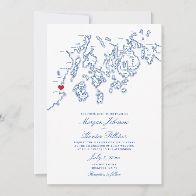 Invitación Rockport Maine Map Elegante Boda Azul de la Marina (Anverso)