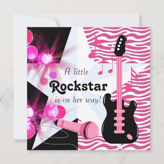 Invitación Rockstar Cebra Rosa Caliente Bebé Chica Ducha (Anverso)