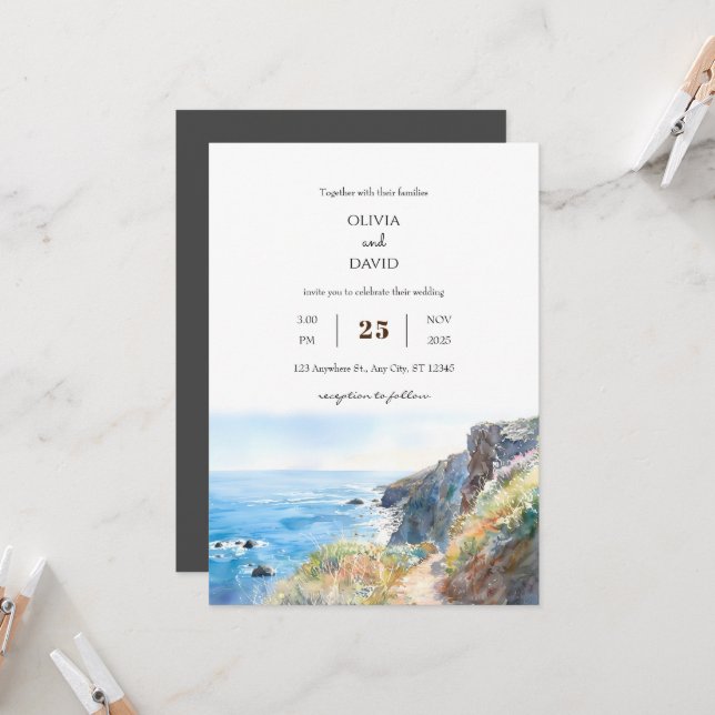 Invitación Rocky Cliff Trail Blue Ocean Waves Beach Wedding (Anverso/Reverso In Situ)