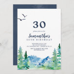 Invitación Rocky Mountain 30° cumpleaños<br><div class="desc">Esta invitación de cumpleaños 30 de Rocky Mountain es perfecta para una fiesta de cumpleaños al aire libre. El diseño presenta un paisaje natural pintado de azul y verde con pinos acuarelas,  pájaros y montañas.</div>
