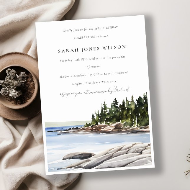 Invitación Rocky Pine Mountain Watercolor Seascape Birday (Subido por el creador)