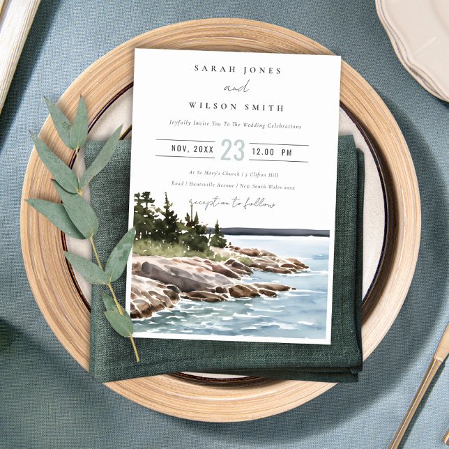 Invitación Rocky Pine Watercolor Seascape Boda (Subido por el creador)